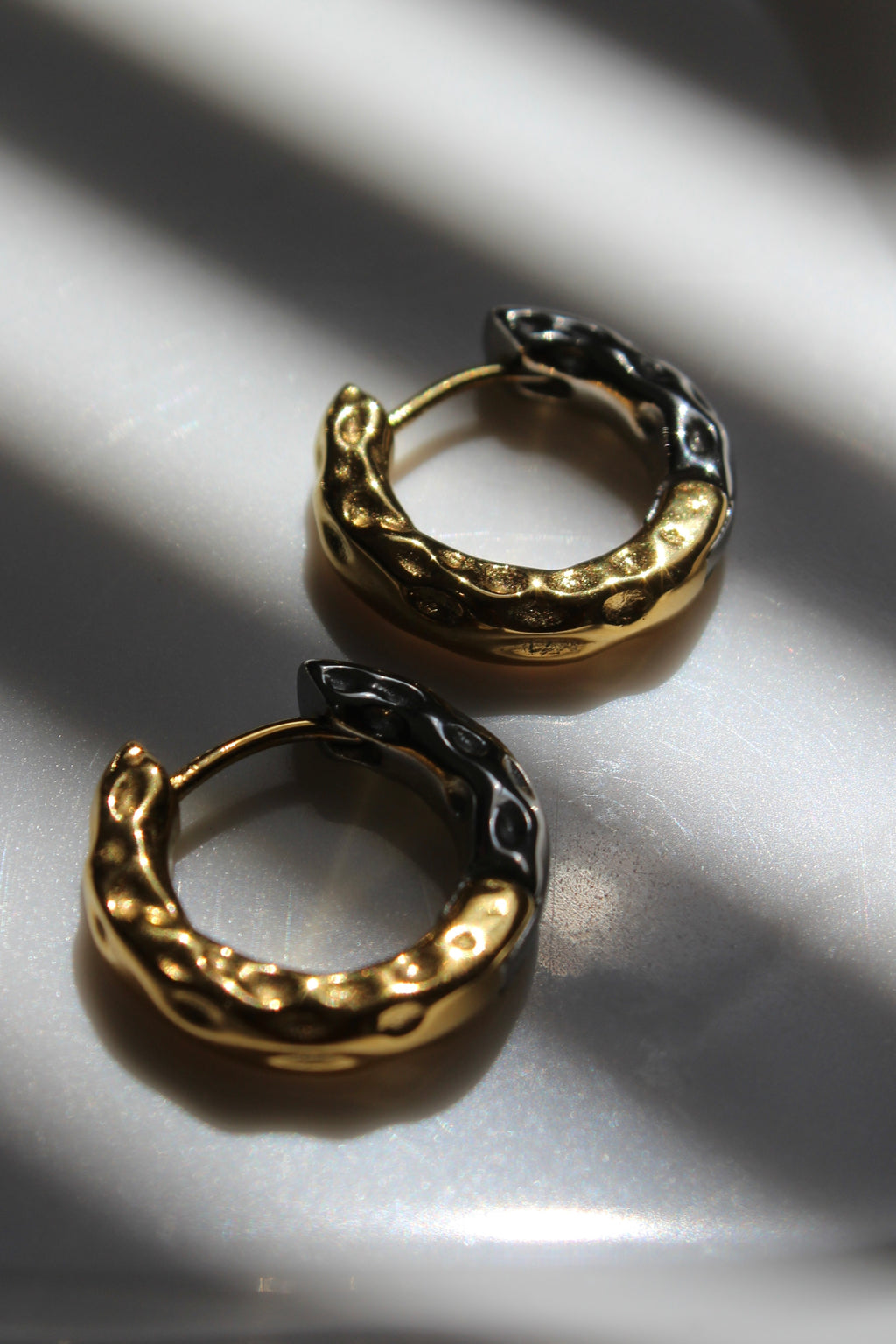 The Mixed Metal (Silver/gold) Hammered Harriet Hoop Chunky Earrings.