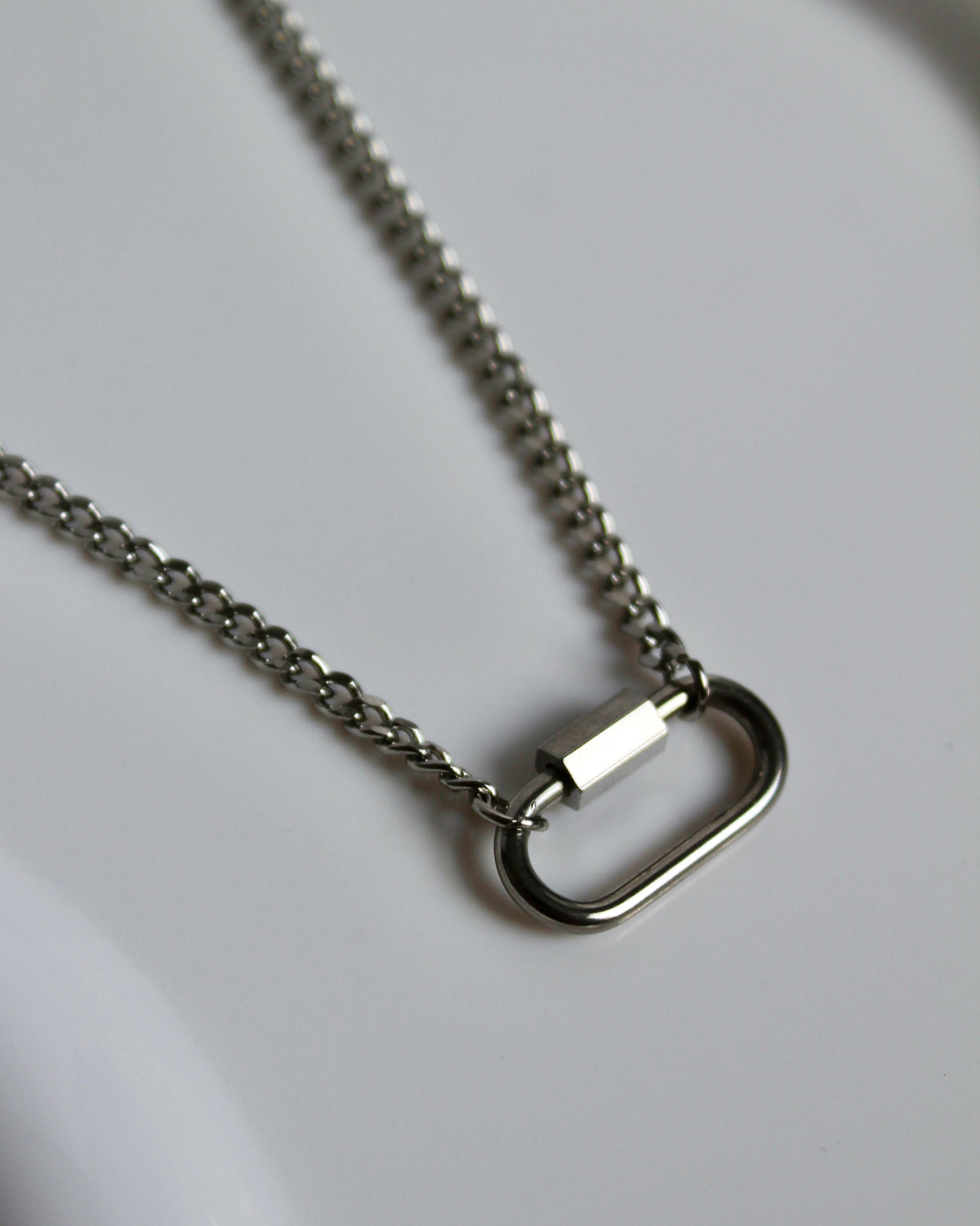 The Elijah 18K Silver Mini Carabiner Necklace.