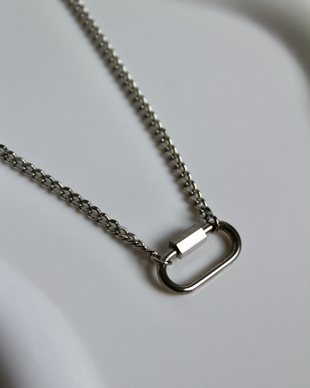 The Elijah 18K Silver Mini Carabiner Necklace.
