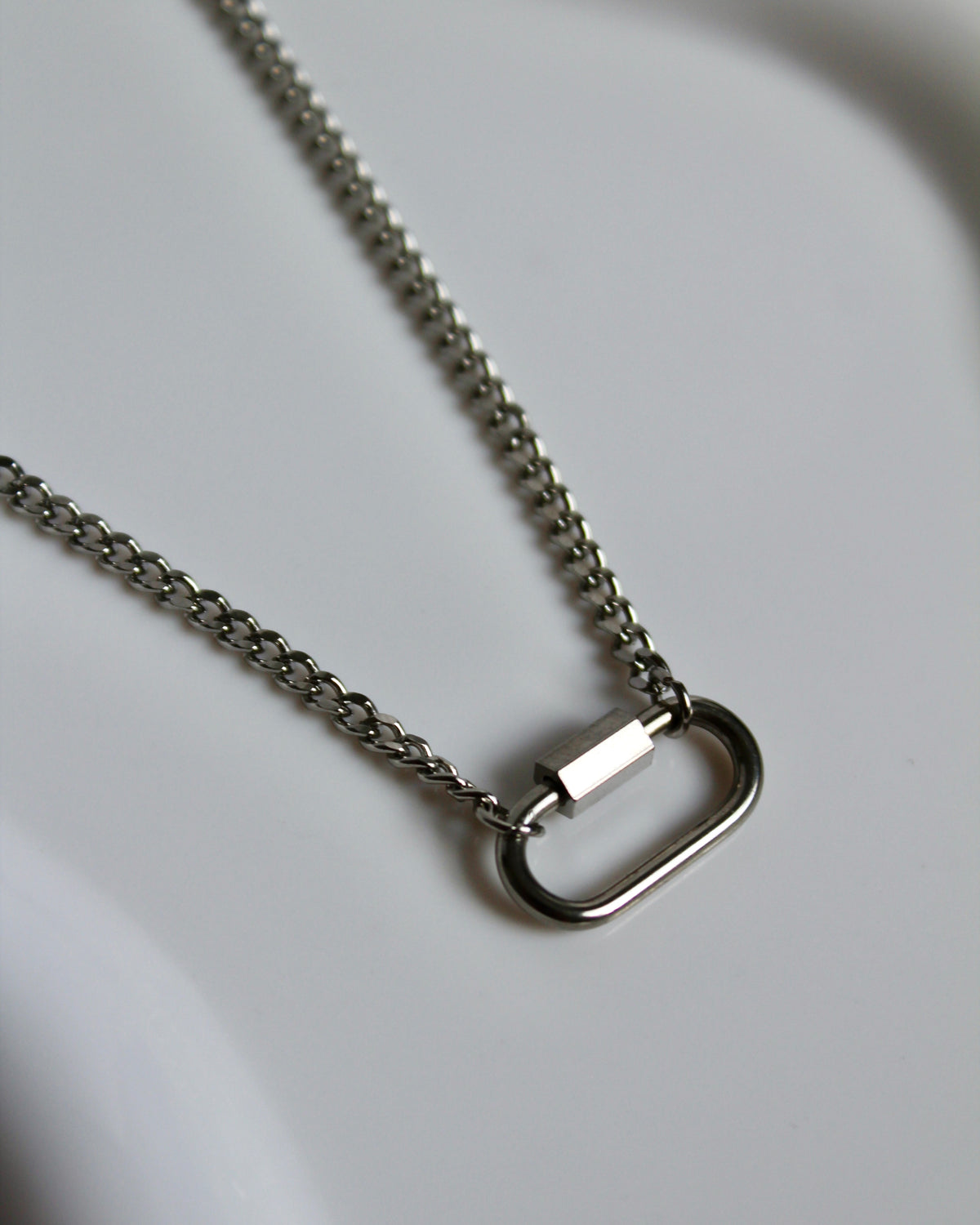 The Elijah 18K Silver Mini Carabiner Necklace.
